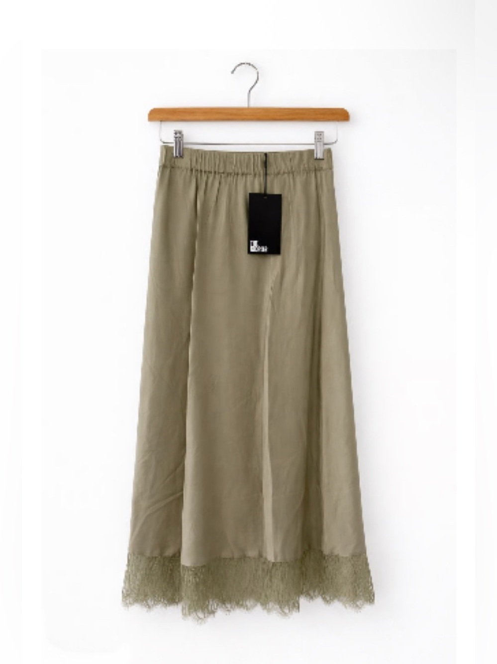 The Kooples Midi Skirt Size 3 Khaki Green Lace Trim Satin Elastic Waist NWT